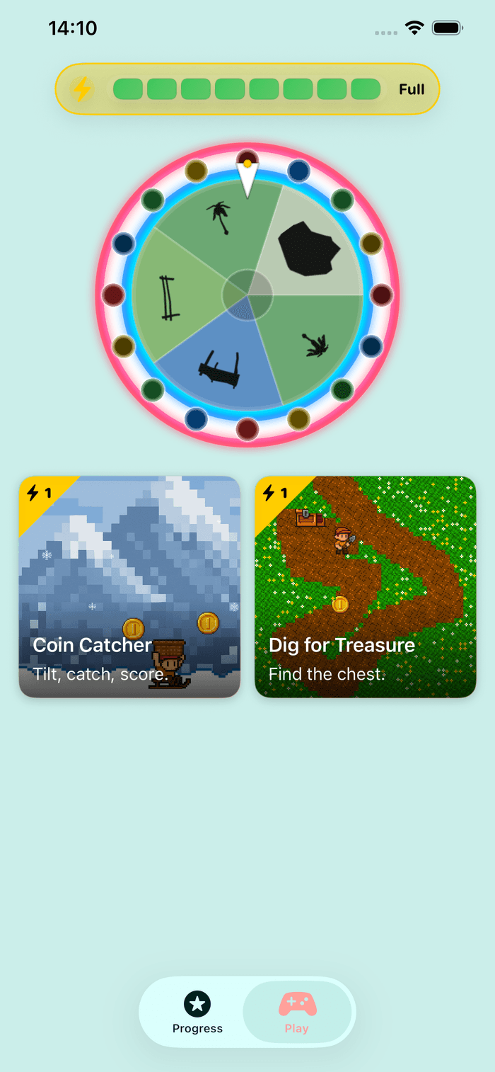 Misma mini-games screen with Coin Catcher and Dig for Treasure