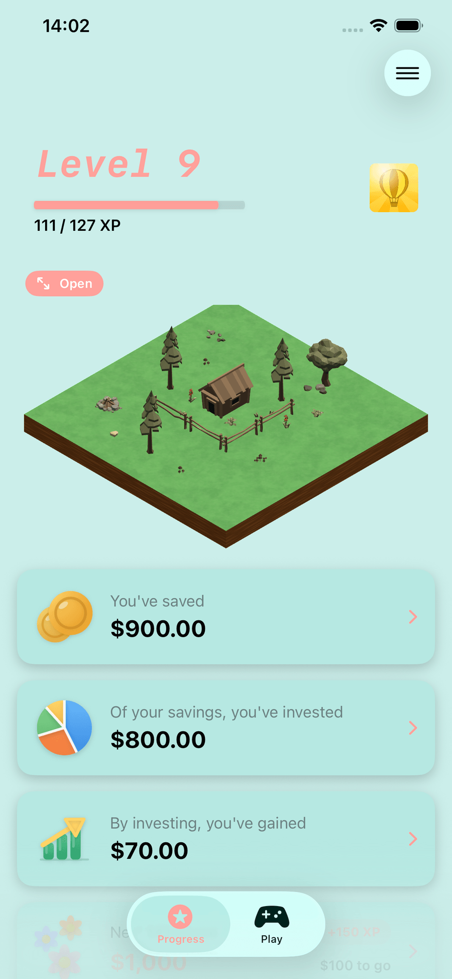 Misma home screen with world and savings overview